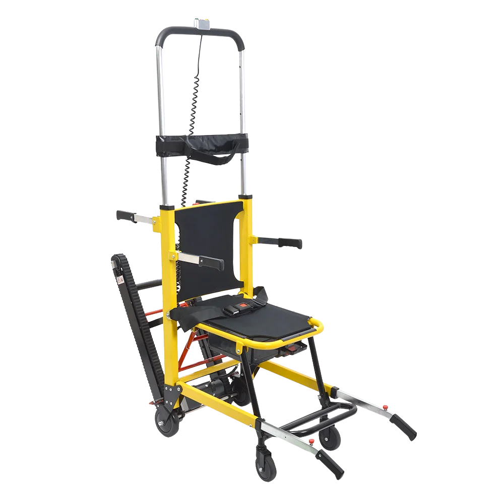 階段での搬送に対応したキャタピラ付きの避難用チェアが展開された状態